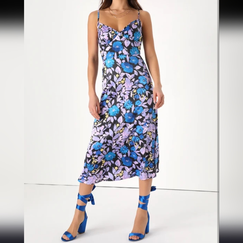 Lulu's Blue and Purple Floral Midi Dress